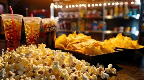 Fototapeta Movie theater concession stand, dim lights, medium shot of popcorn, nachos, and soda on the counter