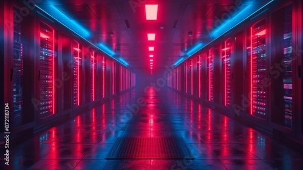 Fototapeta High-Tech Server Room with Red and Blue Lighting - Generative AI