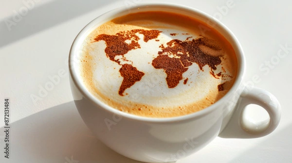 Fototapeta a cup of steaming hot coffee with a world map latte foam art, on a white background.