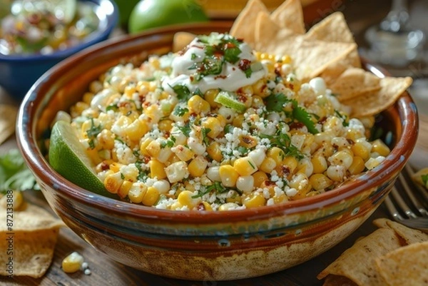 Fototapeta Mexican corn appetizer Elote   Roasted street corn salad or dip with  ilantro, lime, cheese, mayonnaise and chili served with chips , add copyspace for text
