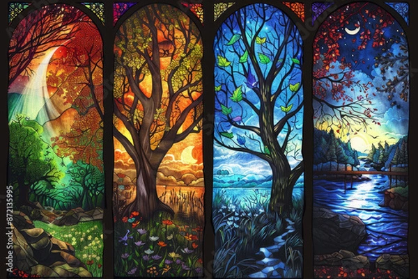 Fototapeta Four stained glass windows depicting the four seasons