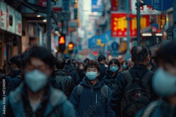 Fototapeta people wearing face masks in a crowded city