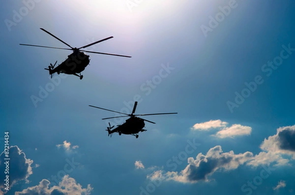 Obraz Sylwetki dwóch latających helikopterów