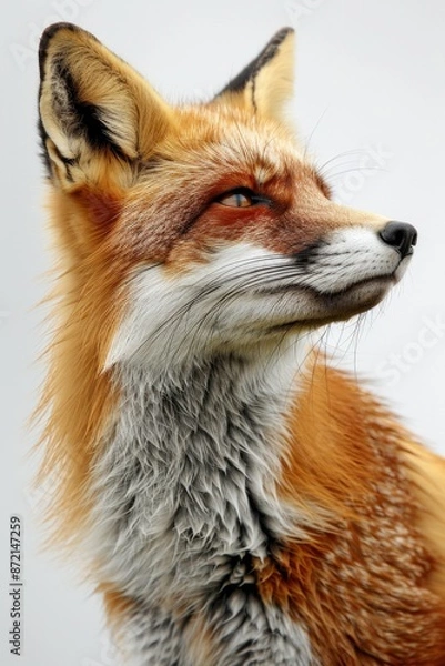 Fototapeta Close-Up Portrait of a Red Fox with Detailed Fur and Whiskers Against a White Background