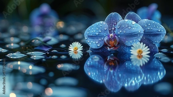 Obraz   A zoom-in of a floral bloom on the surface of a water body surrounded by droplets cascading from the petals