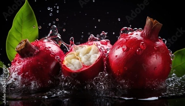Fototapeta Fresh mangosteen with splashes and water drops on dark background