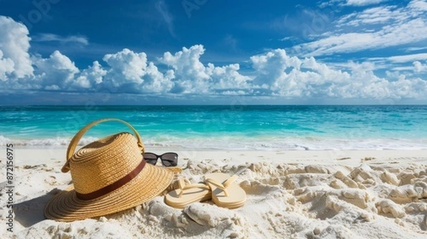 Fototapeta On a tropical beach, a straw hat, bag, sunglasses, and flip-flops.