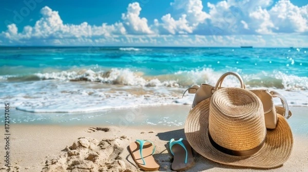Fototapeta On a tropical beach, a straw hat, bag, sunglasses, and flip-flops.