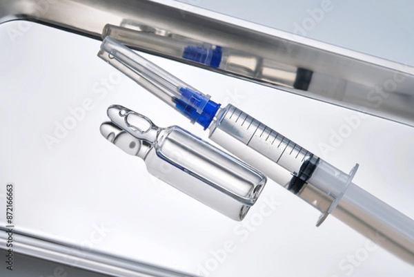 Fototapeta Syringes with needles and an ampoule in a stainless steel medical tray.