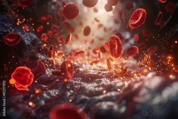 Fototapeta Microscopic View of Red Blood Cells in Capillary with Detailed Textures and Realistic Lighting