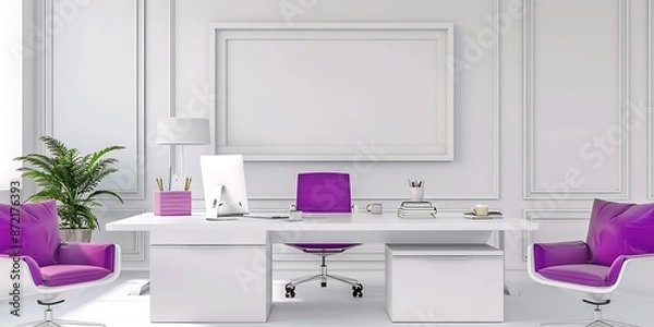Fototapeta Clean modern office with white furnishings, vibrant purple accents, and a blank white frame above the desk in a  format.