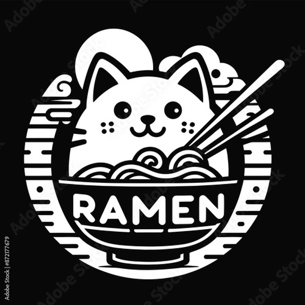 Fototapeta Modern logo of a cat with a bowl of ramen and chopsticks in vector design