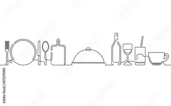 Fototapeta Restaurant theme illustration. The art of continuous line drawing with cooking utensils isolated on white background. Kitchen vector poster.