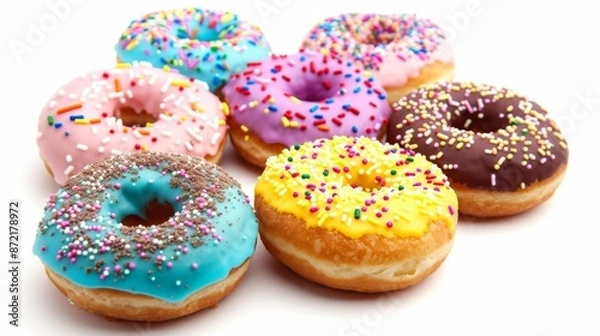 Fototapeta A selection of colorful donuts topped with sprinkles, isolated on a white background