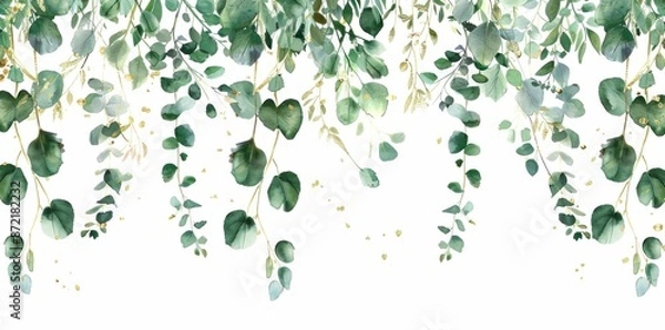 Fototapeta Watercolor illustration of eucalyptus leaves hanging from a tree in a peaceful garden setting