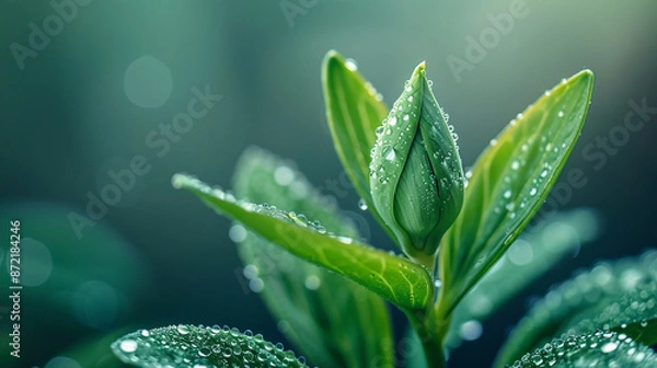 Fototapeta wide macro closeup photo of beautiful natural green plant bud with water drops on it