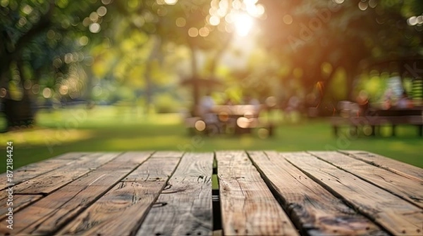 Obraz Empty wooden table and blurred view of friends cooking food on barbecue grill in park