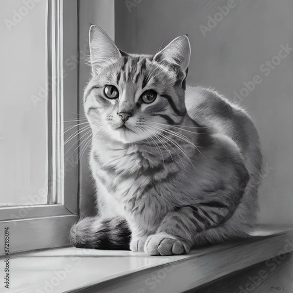 Obraz A beautifully rendered pencil sketch of a cat, capturing the animal's grace and elegance. The cat is perched on a windowsill, its eyes sharp and alert, whiskers twitching. 