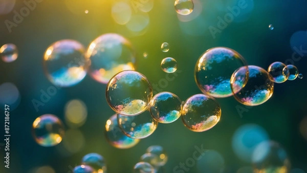 Obraz Many soap bubbles floating in the air against a backdrop of bright sunlight, the bubbles reflect and refract the light, creating a variety of colors and highlights
