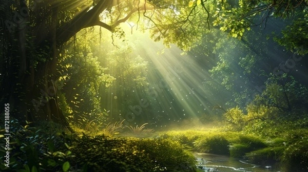 Fototapeta Enchanted forest bathed in bright sunshine with mystical atmosphere