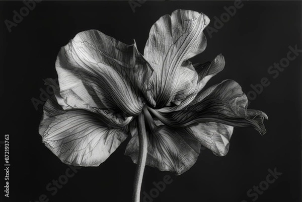 Fototapeta Black and white photography of plants. Leaves, petals. on a black background. Tulip flower