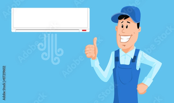 Fototapeta Worker set the air conditioner and show thumb up