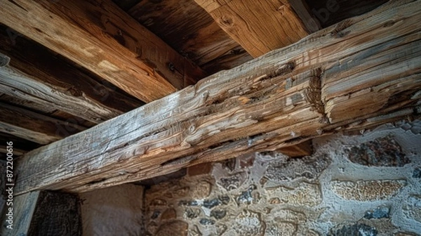 Obraz Hand-hewn wooden beams in an old barn, showing years of weatherin