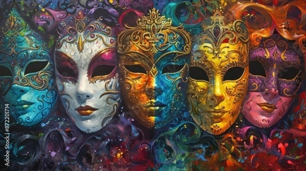 Fototapeta Colorful masks, hidden identities, balls. Generative AI
