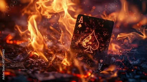 Fototapeta A single Ace of Spades playing card sits engulfed in flames, with glowing embers surrounding it