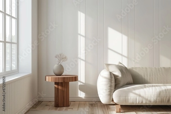 Fototapeta Minimalist Lounge with Beige Couch and Wooden Table. Generative AI.