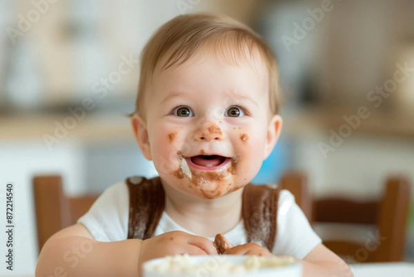 Fototapeta Photo: Curious baby with messy hands and a delighted expression, exploring the taste and texture of various finger foods 