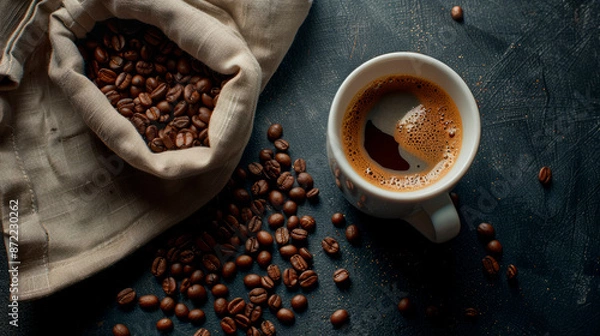 Fototapeta Top view of Cup of coffee and coffee beans in a sack on dark background.
