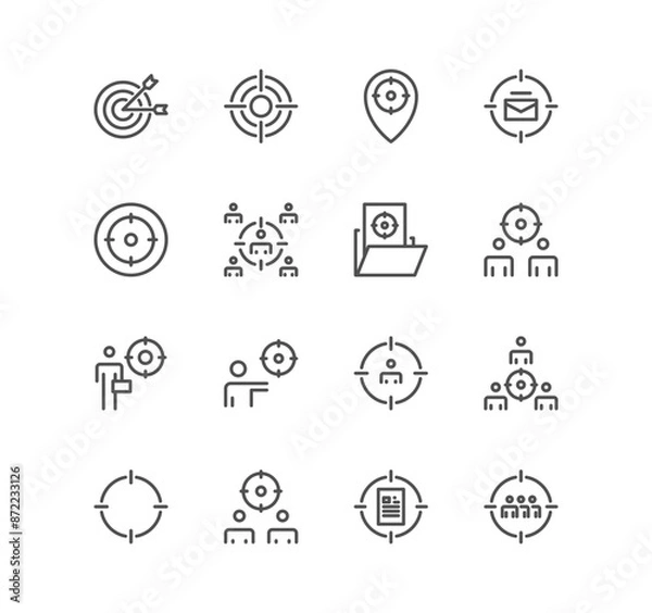 Fototapeta Set of target related icons, dart, marketing, goal, targeting strategy, audiene and linear variety vectors.	
