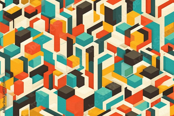 Fototapeta Geometric pattern with colorful 3D cubes in shades of teal, orange, and yellow. Seamless tile great for modern designs.