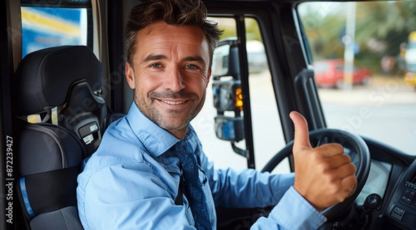 Fototapeta A handsome man in a blue shirt and tie sitting behind the wheel of a bus, thumbs up, smiling face, in the style of professional photography