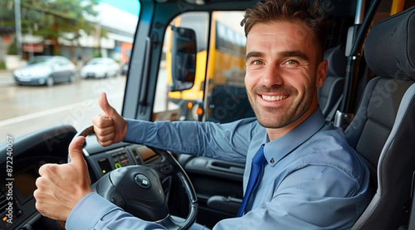 Fototapeta A handsome man in a blue shirt and tie sitting behind the wheel of a bus, giving a thumbs up, with a smiling face, in the style of professional photography
