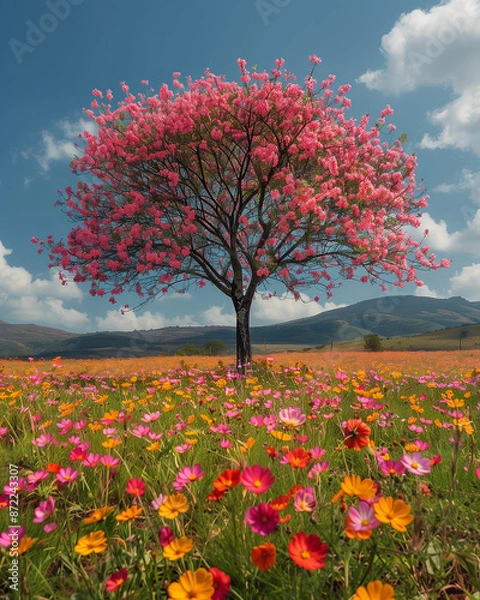 Fototapeta One pink ipê tree in a field full of flowers