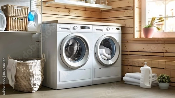 Fototapeta A sleek and modern washing machine and dryer set wooden background