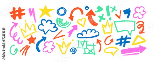 Fototapeta Set of charcoal drawn symbols: flowers, cloud,  arrows, stars,  crowns,  crosses, swirls and dots with dry brush texture.  Bold graffiti style shapes. Vector trendy illustration.