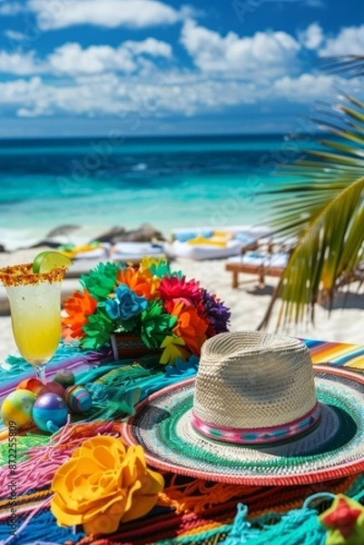 Fototapeta Cinco de Mayo beach party, highlighting a table set with Mexican decorations, including a sombrero