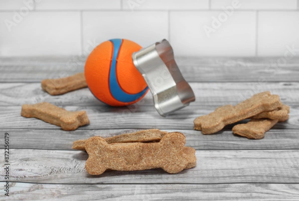 Obraz Homemade dog biscuits and a ball with selective focus