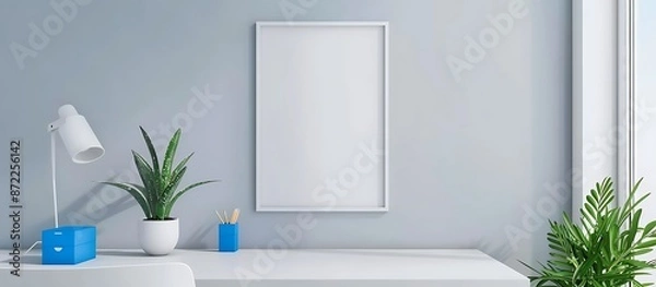 Fototapeta Sleek office mockup with a minimalist white desk, bright blue accents, and an empty white frame on a light grey wall in a  format.