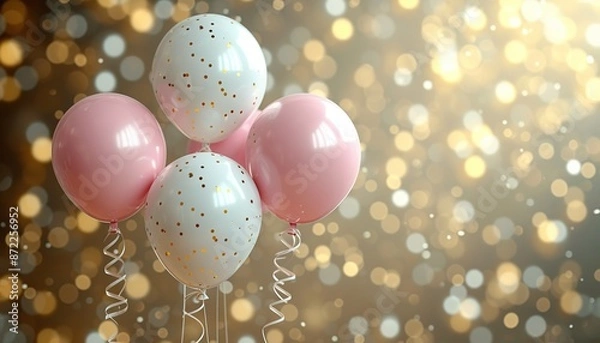 Obraz Festive balloons in white and pink on a golden bokeh background, birthday balloons, greeting balloons