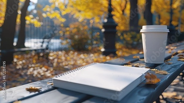 Fototapeta Empty White Notebook Mockup and Coffee Cup on Park Bench. Autumn Study Concept. Generative ai