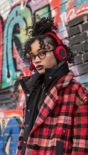 Fototapeta Ultra sharp image of a Gen Z girl wearing a stylish checkered coat and red headphones, exuding