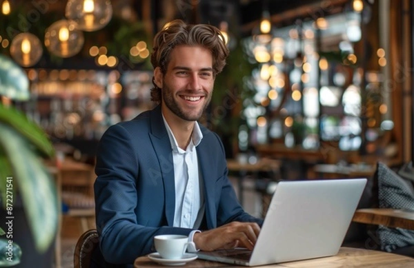 Fototapeta A young professional works on his laptop in a cafe, smiling at the screen, holding a coffee cup