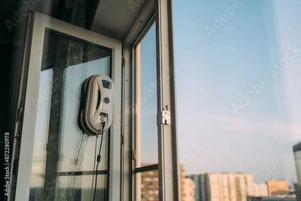 Fototapeta The window cleaner robot is held on the window by vacuum. A robot washes windows in a high-rise building