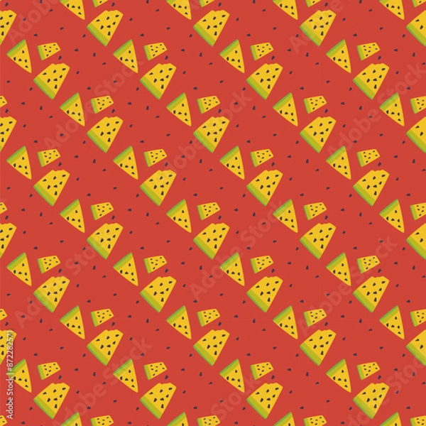 Fototapeta Seamless red pattern with watermelon slices. Red background. Bright summer illustration. Warm colors. Simplified shapes. Vector