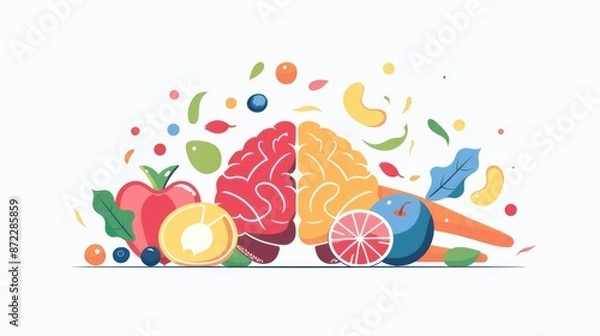 Fototapeta Minimalist Illustration of Brain Health Through Nutrient-Rich Foods, Featuring Colorful Fruits, Vegetables, Nuts, and Fish