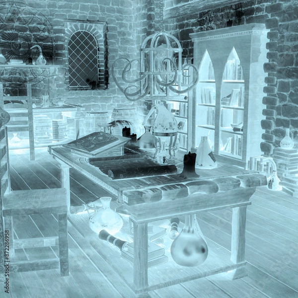Fototapeta table on alchemy lab background scene two